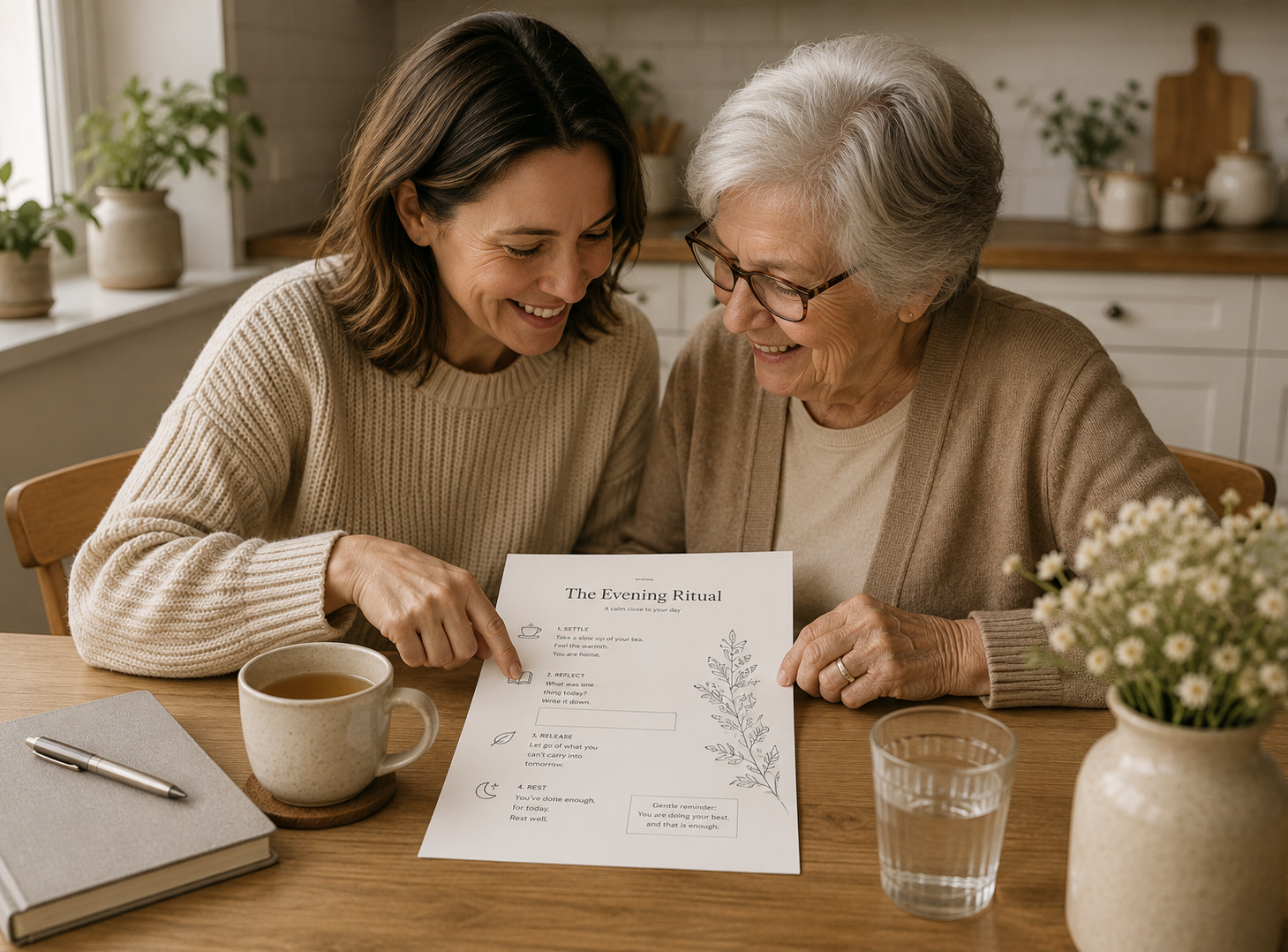 A daughter and her mother reading a printed Evening Ritual page together at a kitchen table